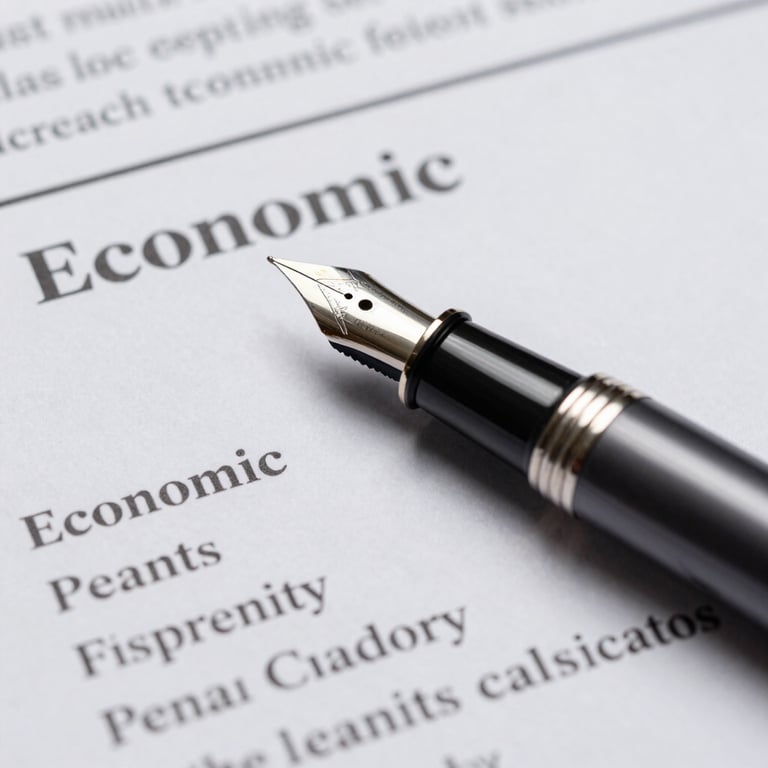 Close-up of a high-end fountain pen resting on a strategic economic report, focused and sharp lighting.