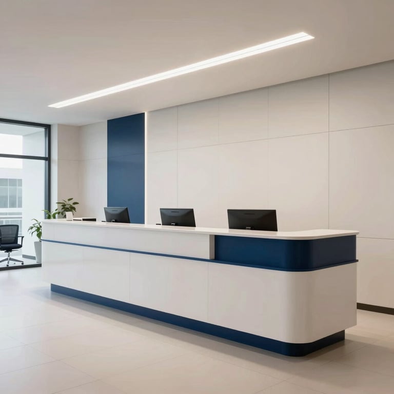 A sleek reception area of a financial-logistical hub, clean lines, off-white and navy blue accents.