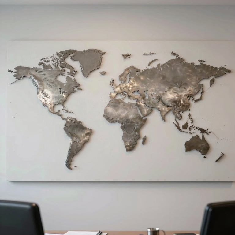 Detailed view of a metallic world map mounted on a minimalist office wall, representing global reach.