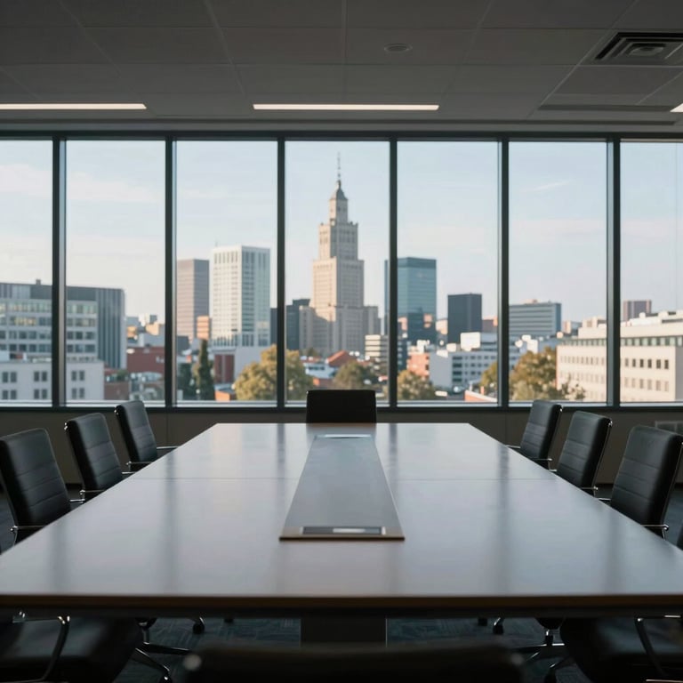 A spacious, empty conference room with floor-to-ceiling windows overlooking a modern Polish city skyline.