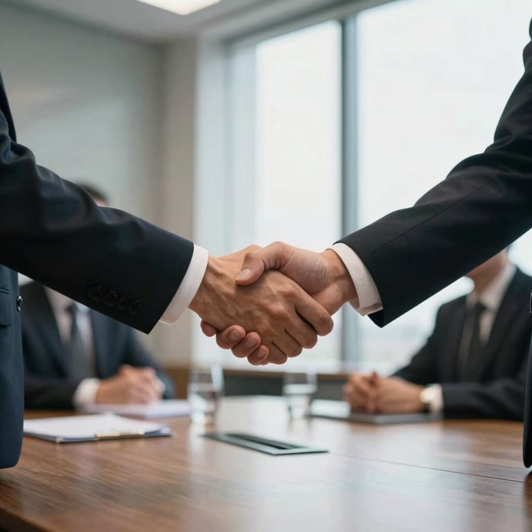 A professional handshake in a high-end Warsaw boardroom, focusing on the greeting, soft daylight, corporate attire.