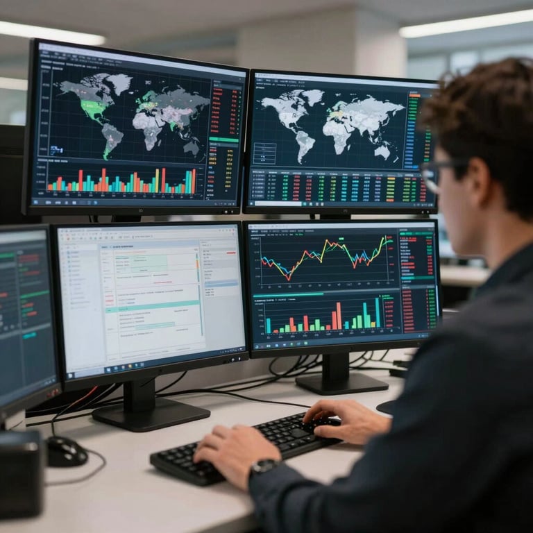 An analyst at a workstation with multiple monitors displaying global market data and analytics, professional setting.