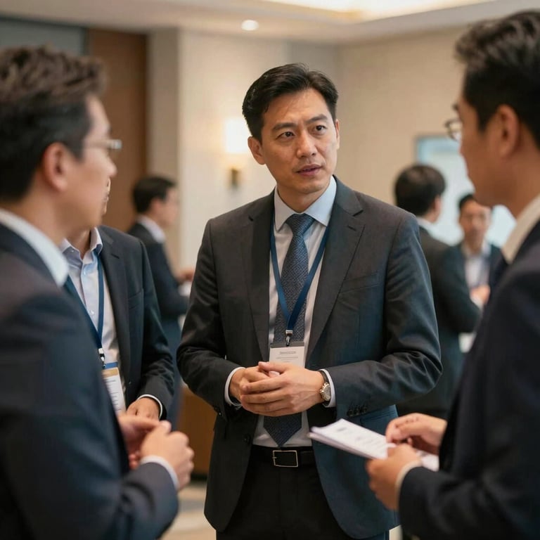 A corporate networking event with professionals in suits discussing strategy, soft warm lighting, professional ambiance.