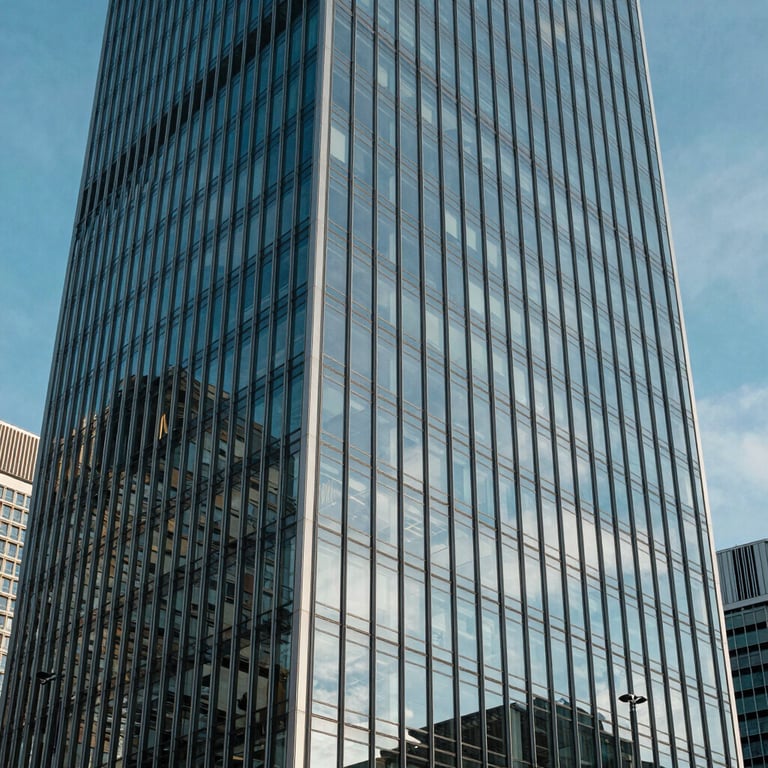 Modern architectural detail of a glass skyscraper in a Central European financial district, reflecting a clear blue sky.