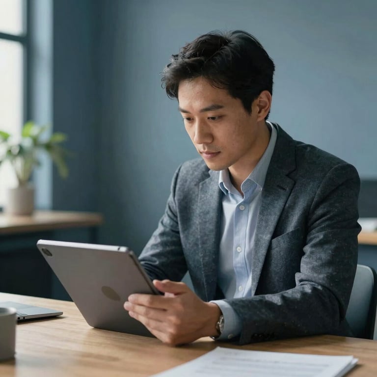 A professional in a Global / Tech Industry setting collaborating over a tablet, the environment filled with natural light and Muted Blue decor.