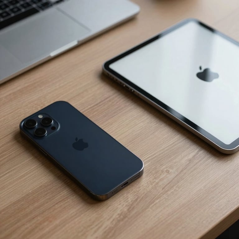 A high-angle shot of a minimalist workstation in a Global / Tech Industry hub, featuring a smartphone and tablet with Dark Navy and Ice White design elements.