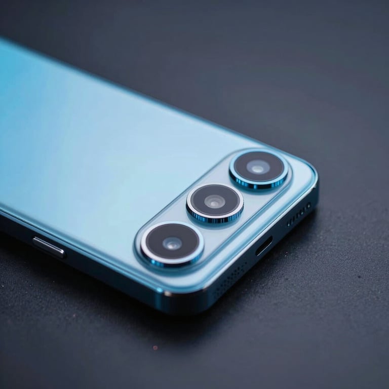 Close-up of a high-performance Android smartphone resting on a polished dark surface with soft Light Blue neon highlights.
