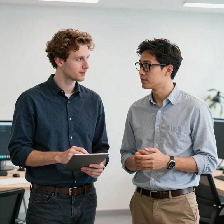 Two developers in a Global / Tech Industry creative studio discussing a project, dressed in smart casual attire, with a clean Ice White background.