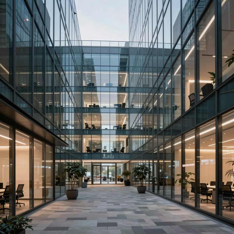 A wide shot of a modern, innovative office space in a Global / Tech Industry city, showcasing glass walls and a professional, quiet atmosphere.