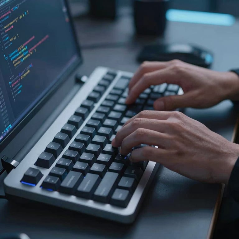 Close-up of hands typing code on a mechanical keyboard in a professional tech environment with steel blue lighting.