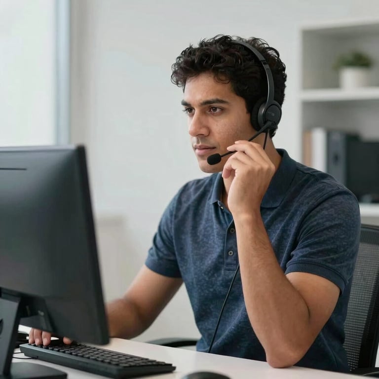 A Latin American / Spanish tech support specialist talking on a headset in a clean, modern workstation.