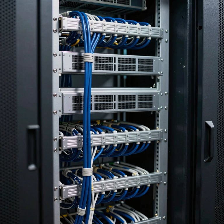 An organized network server room with professional cable management and navy blue accents.