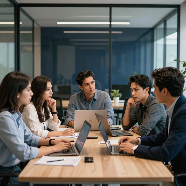 A group of Latin American / Spanish software developers in a collaborative meeting in a modern glass office with navy decor.