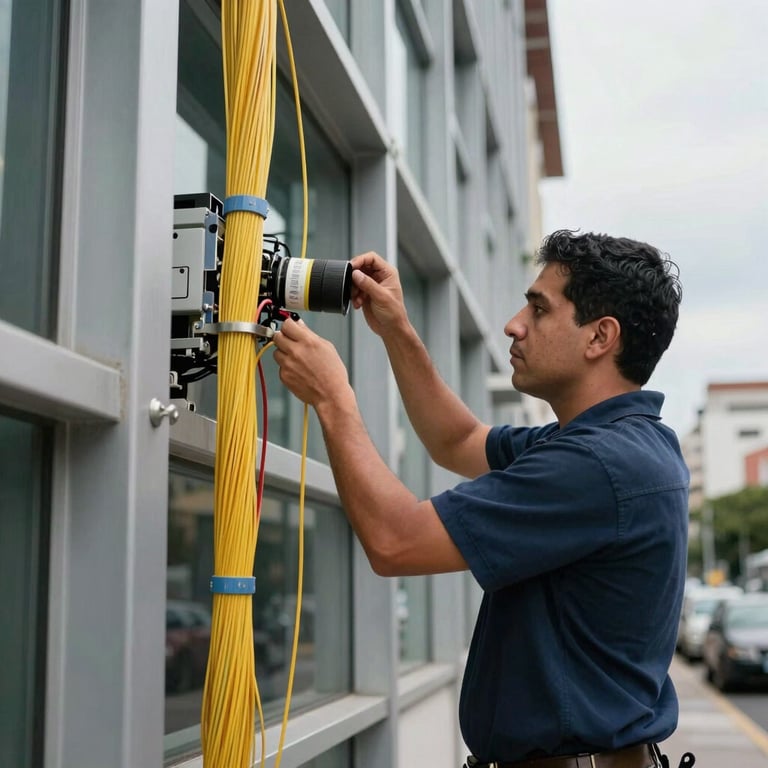 A high-quality fiber optic installation being performed by a technician in a corporate building in a Latin American / Spanish city.