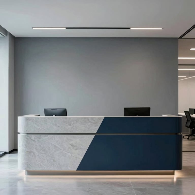 Sleek corporate reception area of a tech company with a minimalist design and grey and navy tones.