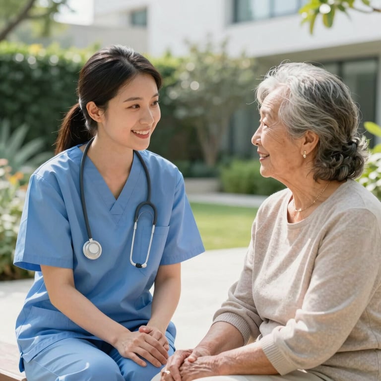 A smiling caregiver chatting with a senior woman in a bright, modern North American garden.