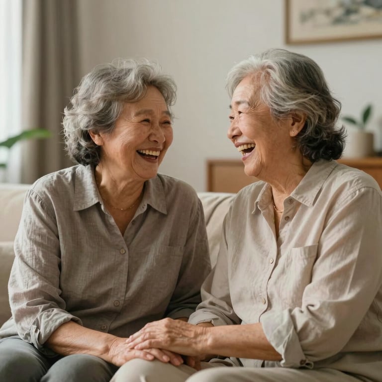 An elderly couple laughing together in their living room, well-lit, warm and compassionate atmosphere.