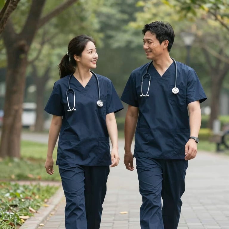 Two professional caregivers walking together in a park, representing a supportive community.