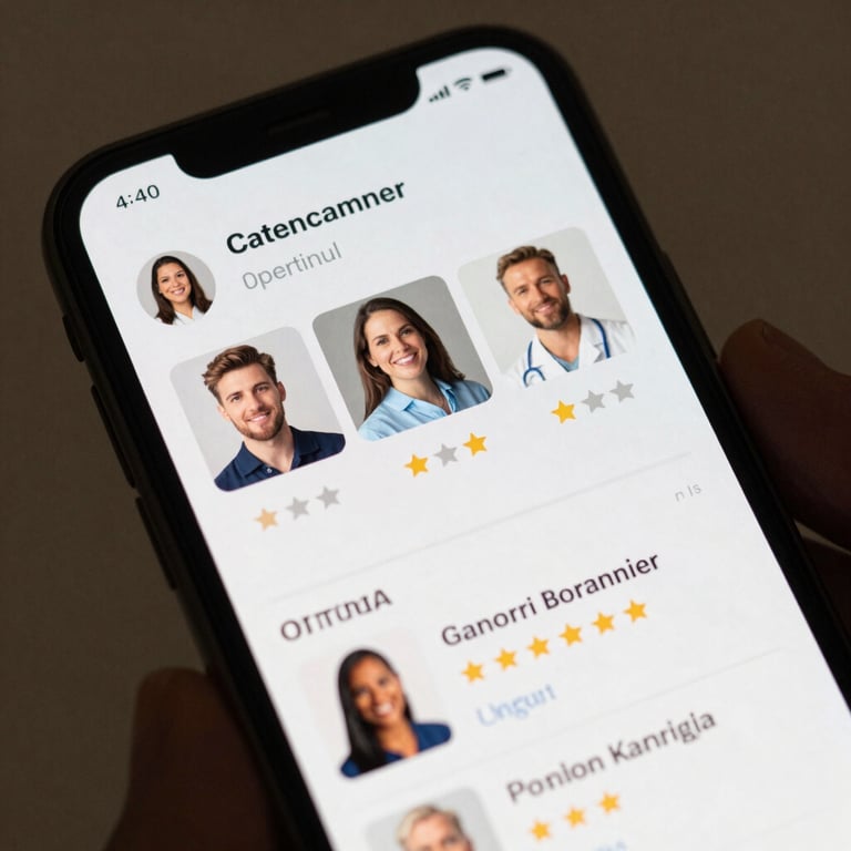 A close-up of a digital caregiver profile on a smartphone screen showing professional photos and reviews.