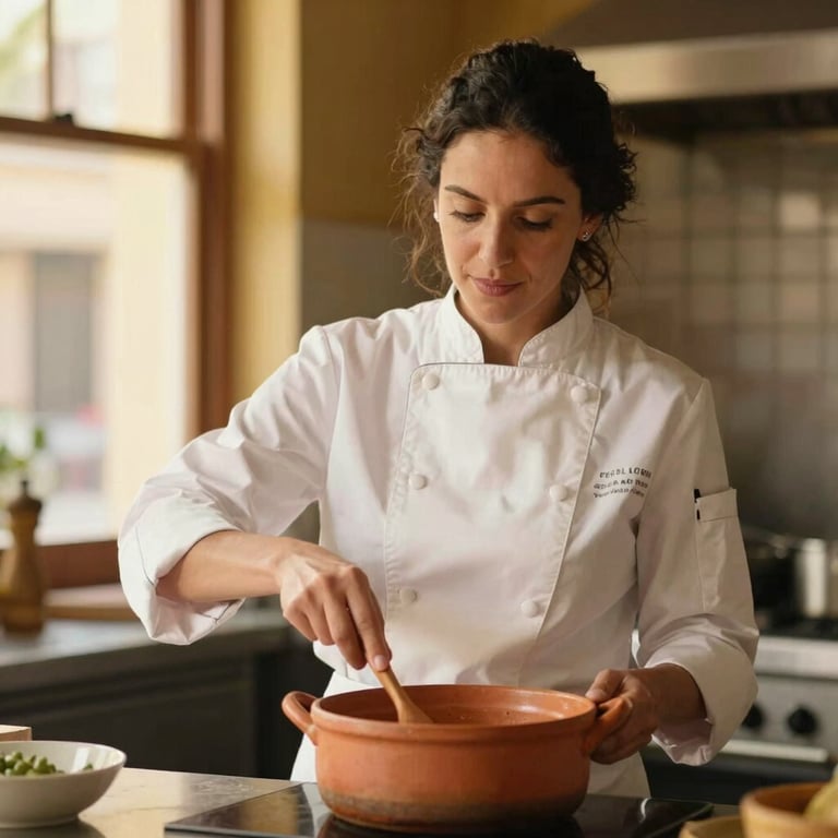 Warm portrait of Chef Elena in her Gràcia kitchen, stirring a terracotta pot, soft natural light, shallow depth of field