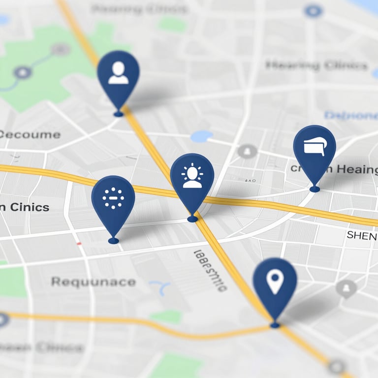 A close-up of a digital map showing several pinpoint locations, symbolizing a localized directory of hearing clinics.