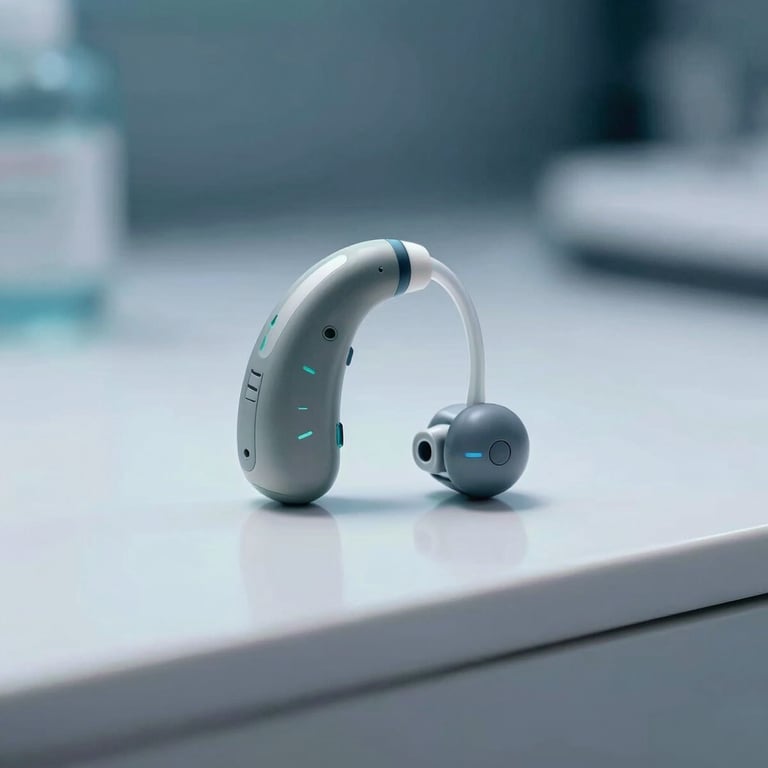 A sleek, modern hearing aid sitting on a white polished surface, illuminated by cool light with #A7C9D6 accents.