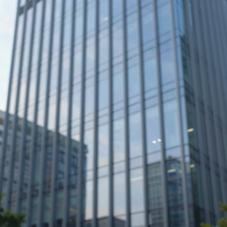 A professional building with a glass facade reflecting a blue sky, conveying stability and a corporate directory presence.