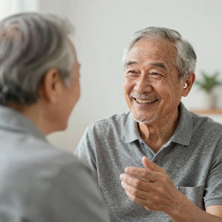 A smiling elderly person engaging in a conversation, highlighting the positive outcome of finding the right hearing solution.