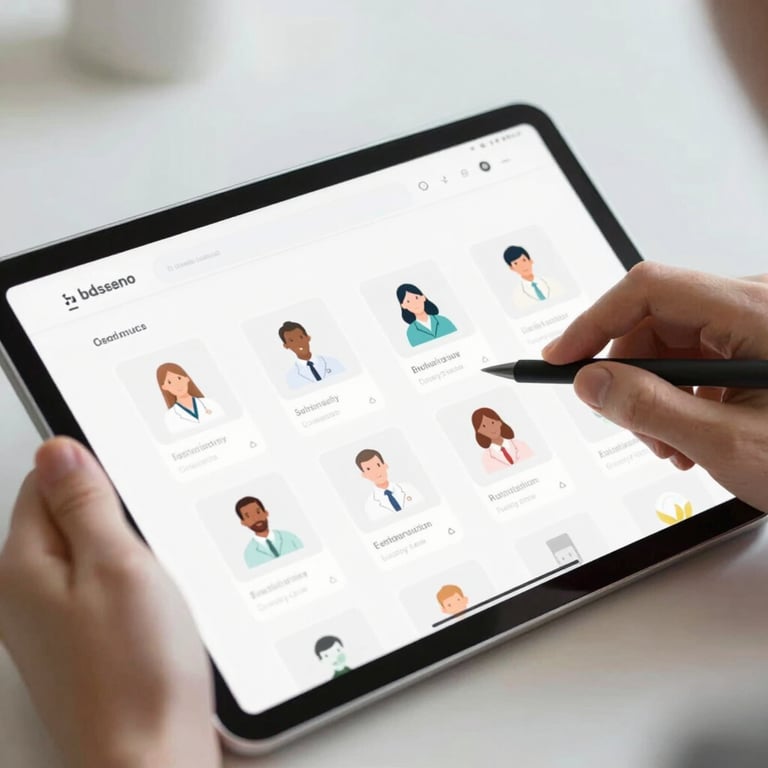 A person's hands using a tablet to scroll through a clean website interface featuring health provider icons.
