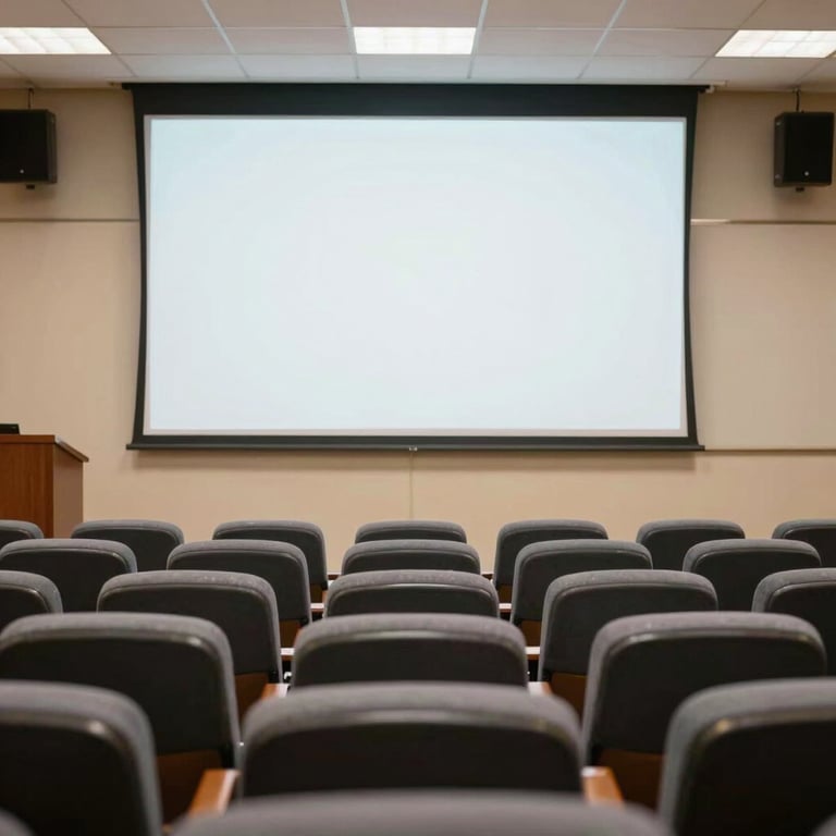 A quiet, structured university lecture theater in Ondo, Nigeria, with bright natural lighting, tidy seats, and a large white screen.