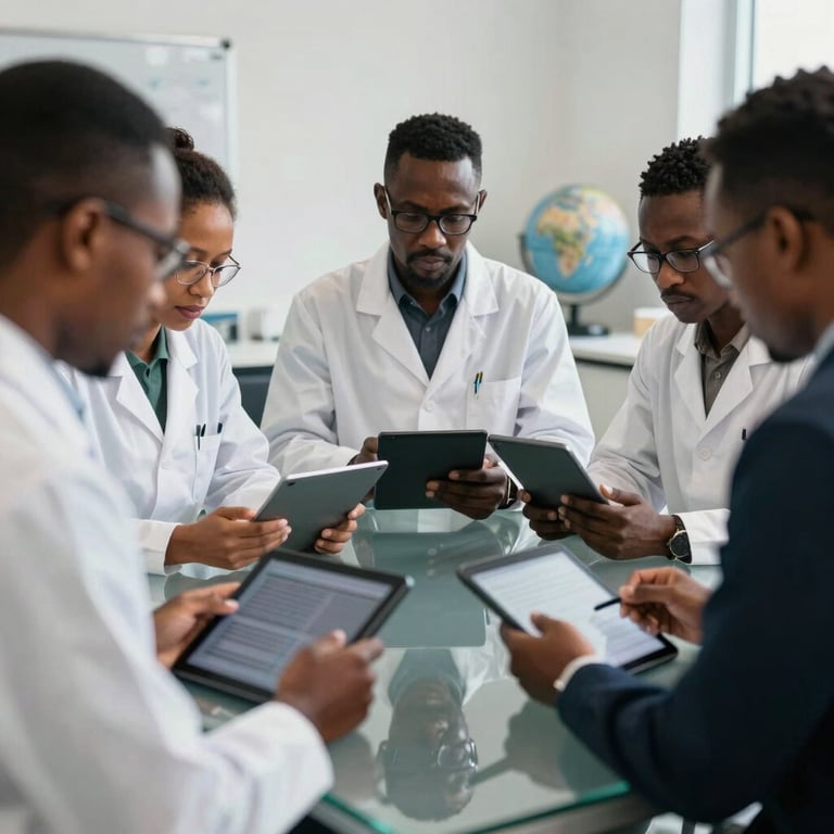 A professional research collaboration scene with West African and Global Academic experts working with digital tablets around a glass table.