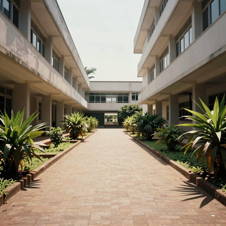 A prestigious campus pathway at a Nigerian university, flanked by neat architectural lines, green plants, and bright midday sunshine.
