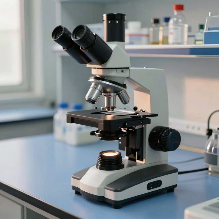 A high-quality clinical microscope on a clean slate-blue laboratory workbench with natural afternoon light highlighting the precision instrument.