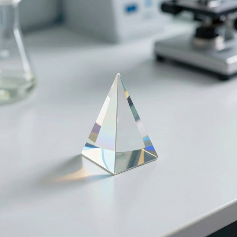 An abstract photography shot capturing light reflecting through a prism onto a neat white research desk, symbolizing scientific innovation.