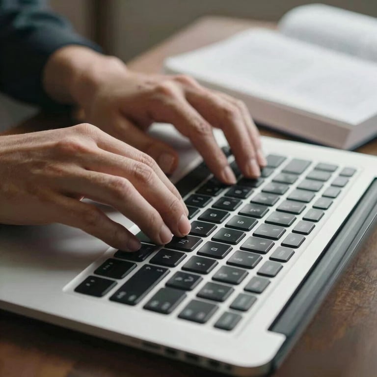 A close-up photograph of hands typing an academic review on a sleek metallic laptop with an open reference textbook beside it.