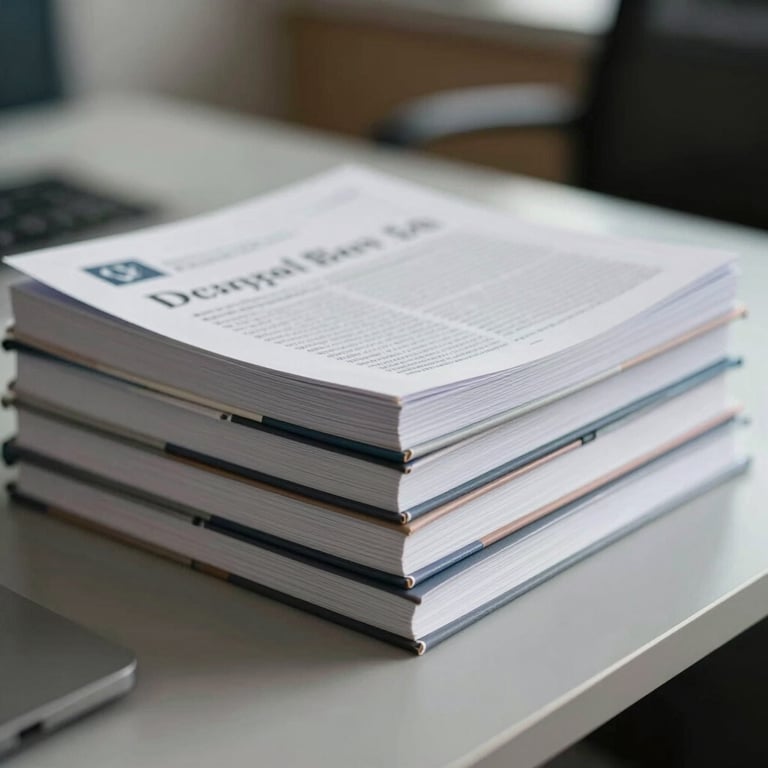 An elegant closeup of professional academic journals stacked neatly on a sleek office desk, showing sharp focus and a clean layout.