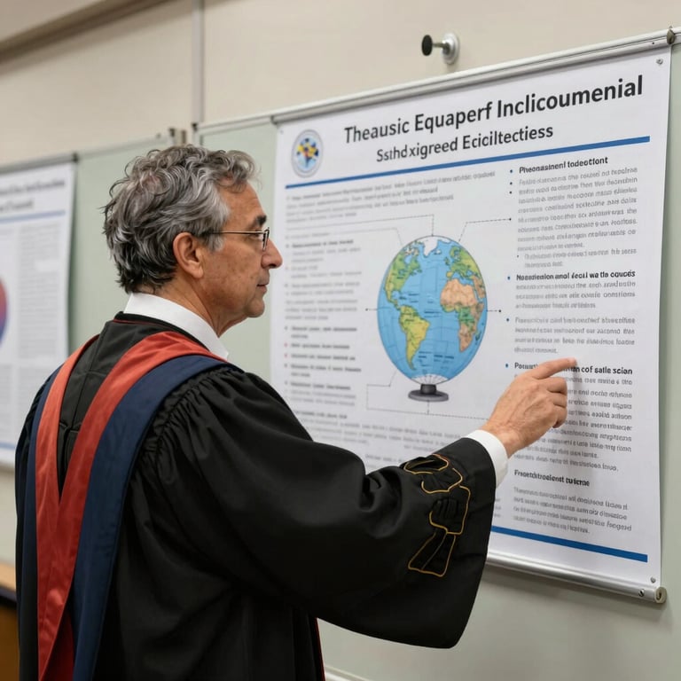 A scholar in formal attire presenting a scientific research poster in an academic forum, embodying scholastic integrity and a global research vibe.