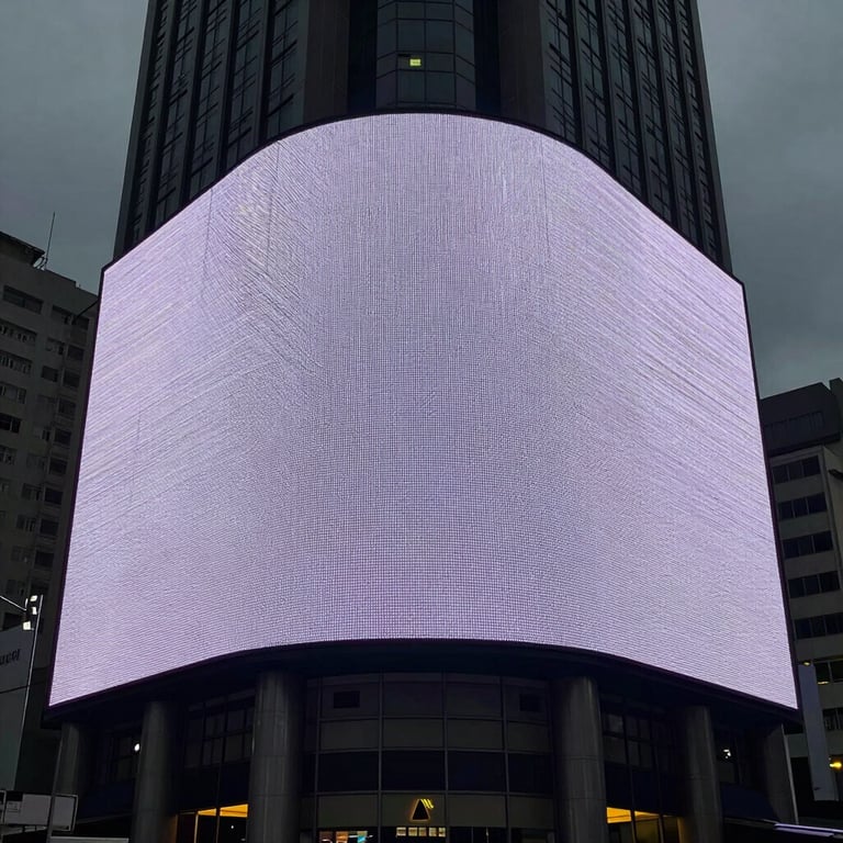 A wide shot of a modern city building in Brazil featuring a massive, perfectly functioning LED display.