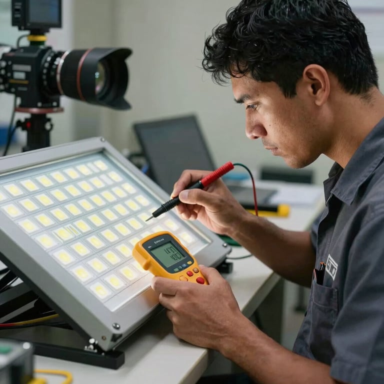A South American technician in a professional uniform inspecting a LED panel with a digital tester.