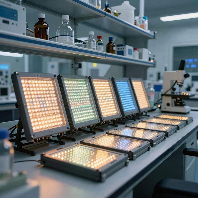 The interior of a high-tech laboratory with various LED modules being tested for quality control.