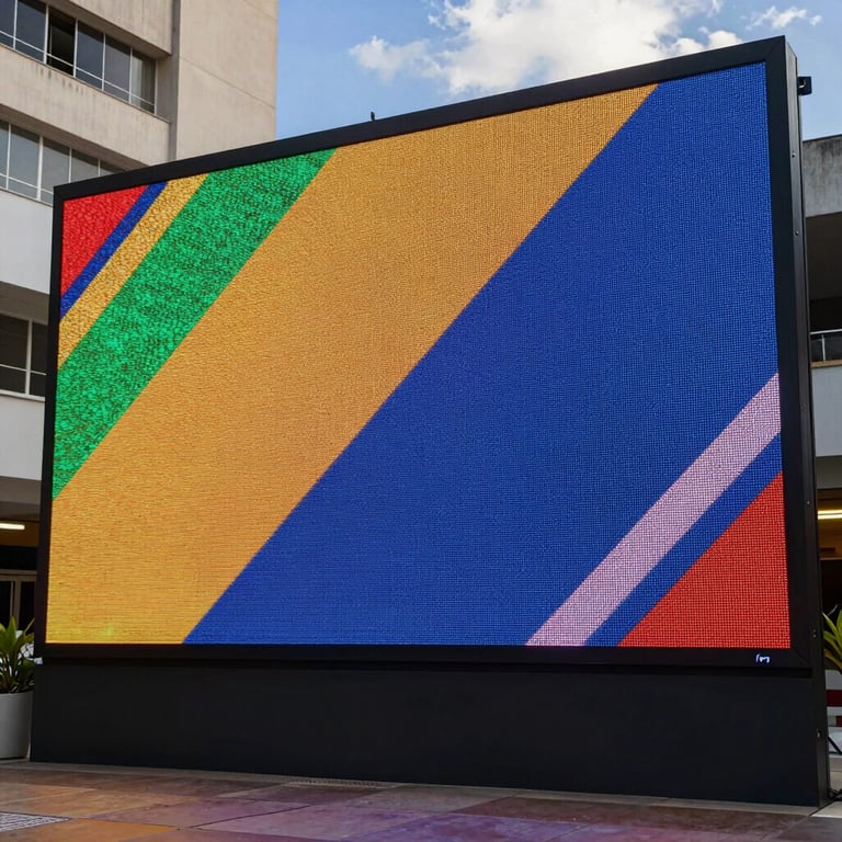 A large LED screen in a Brazilian corporate plaza showing vibrant colors after repair, bright daylight.