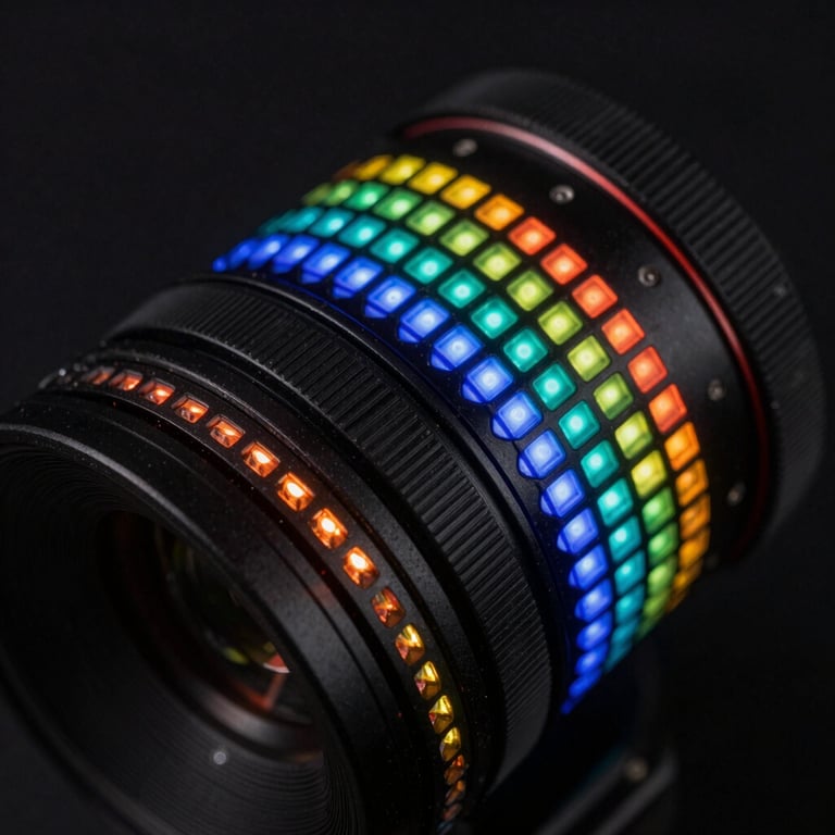 Macro photography of RGB LED pixels glowing against a black background, technical detail.