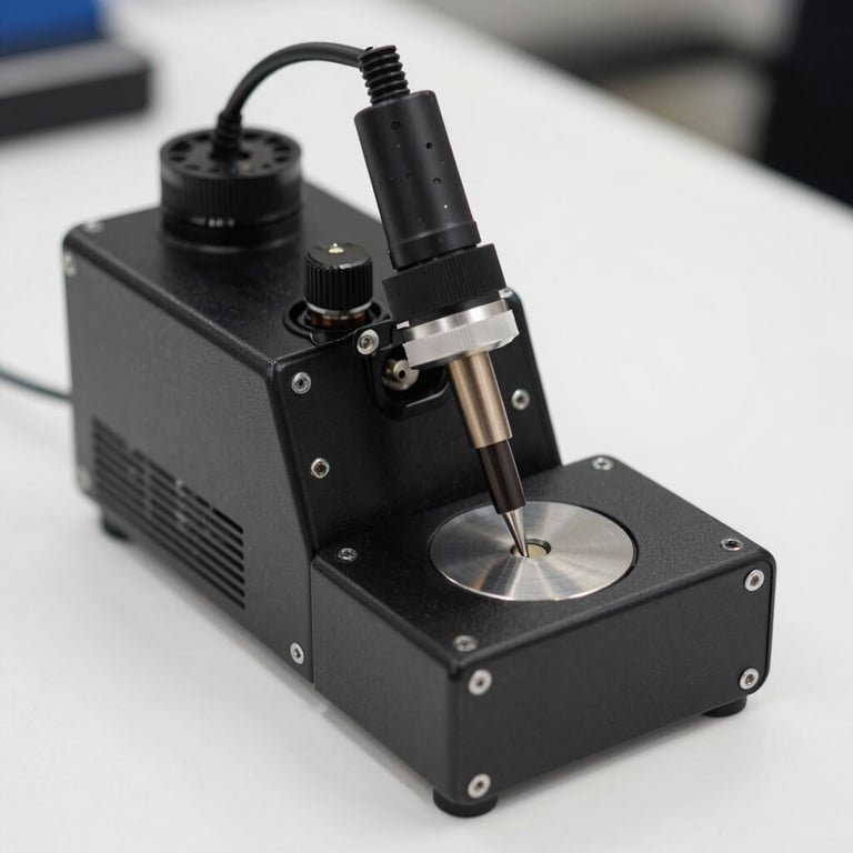 Close-up of a specialized electronics soldering station on a clean white desk, professional gear.