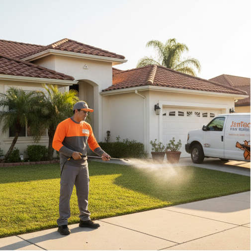Professional pest control technician spraying a residential lawn and house perimeter.