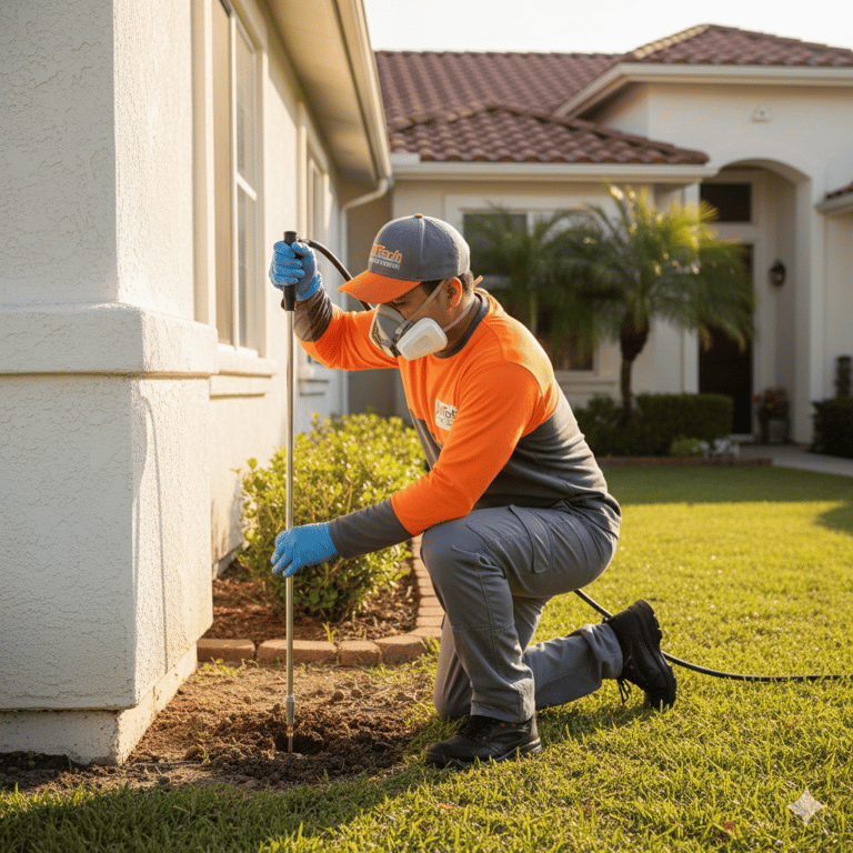 Technician in protective gear applying termite treatment to house foundation
