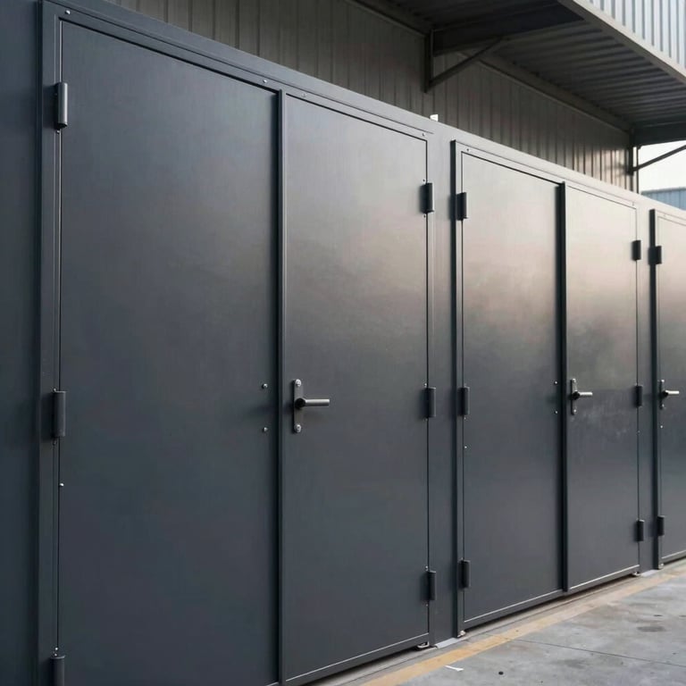 A row of finished modern industrial iron doors waiting for shipment, showcasing their clean lines and Charcoal Black finish.