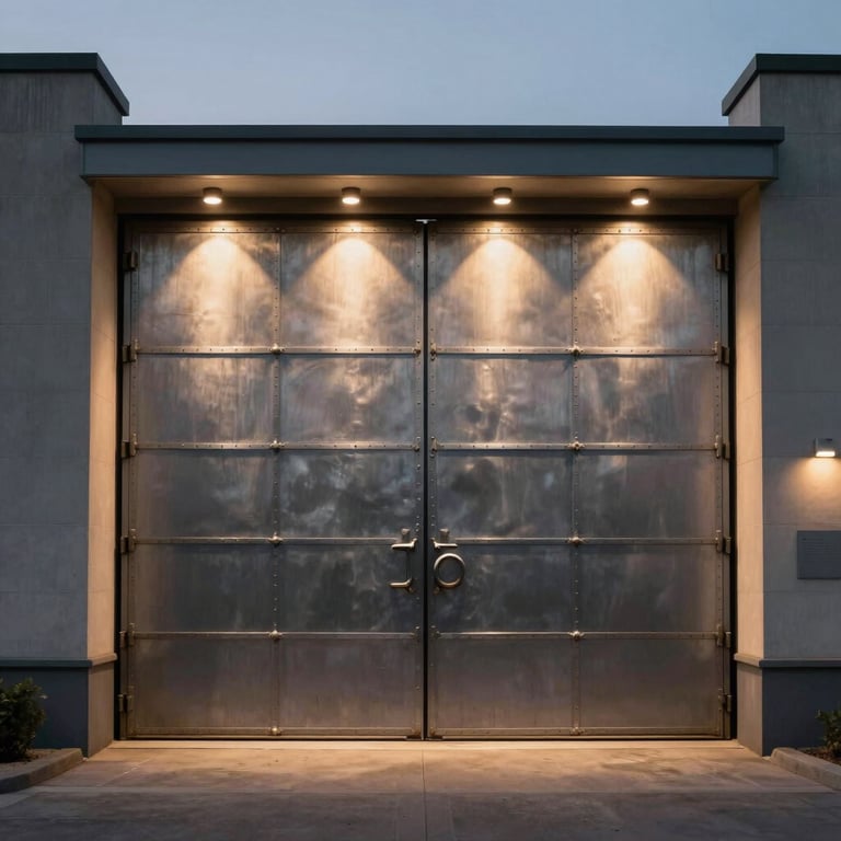 The factory entrance at dusk, featuring a massive signature iron door illuminated by warm Soft Cream spotlights.