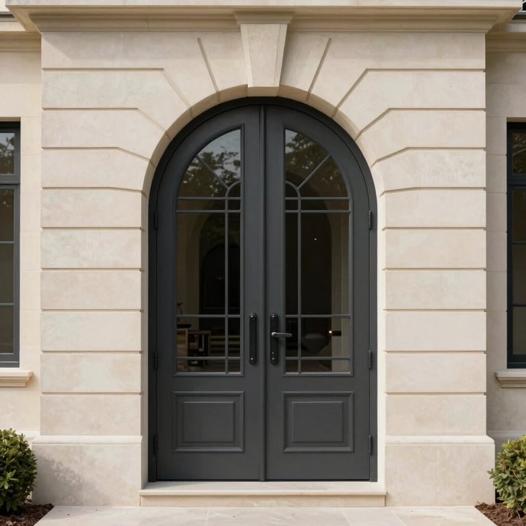 A grand arched Charcoal Black iron double door installed in a luxury home with Soft Cream stone siding.