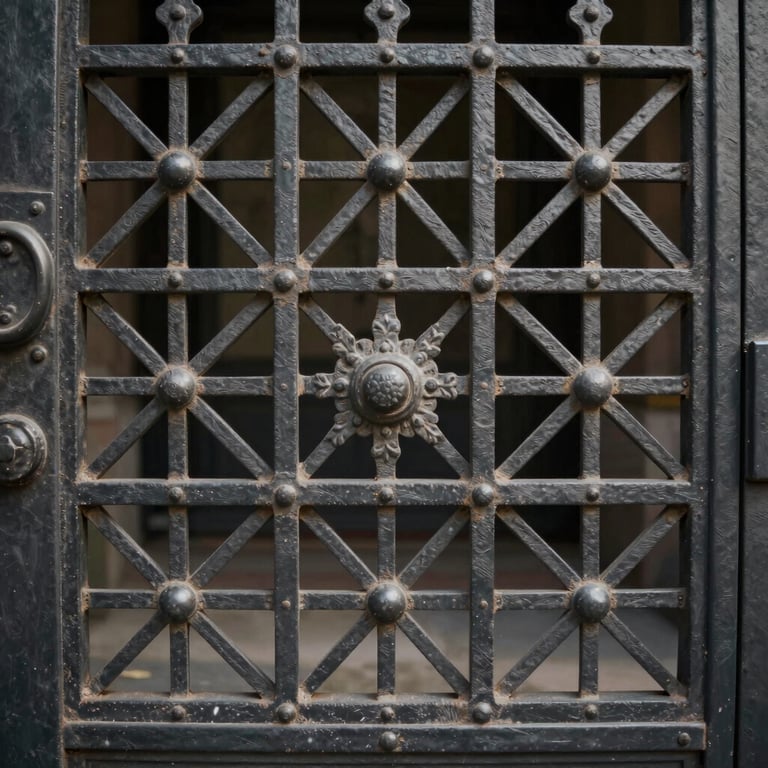 Close-up of a custom iron gate featuring intricate geometric designs and refined craftsmanship.