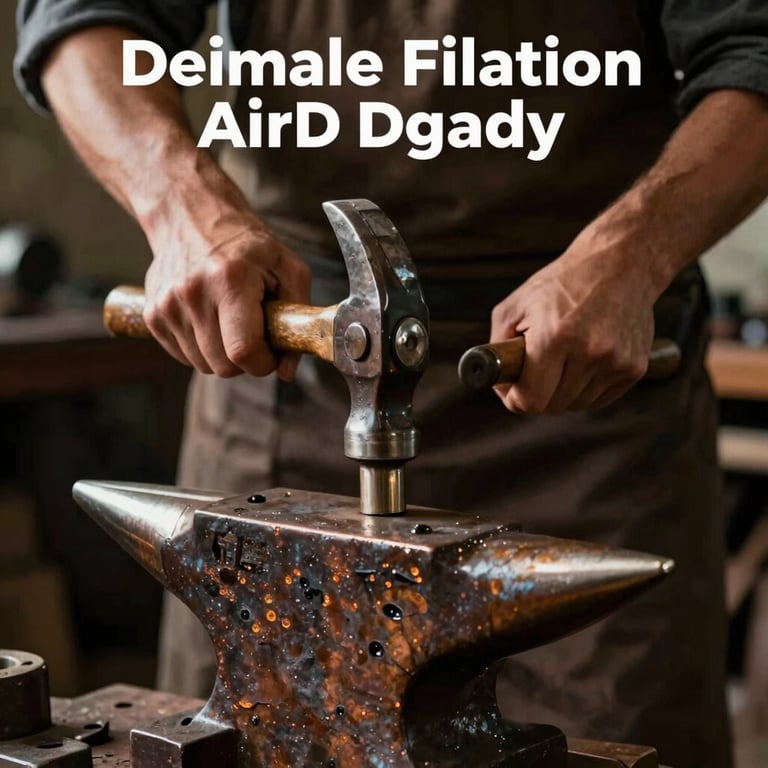 An artisan using a traditional hammer and anvil in a workshop filled with soft, warm Deep Bronze lighting.